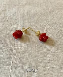 Corail Fleur Sculptée, Vermeil, Argent Massif, Anciennes Boucles D'oreilles