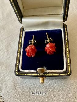 Corail Fleur Sculptée, Vermeil, Argent Massif, Anciennes Boucles D'oreilles