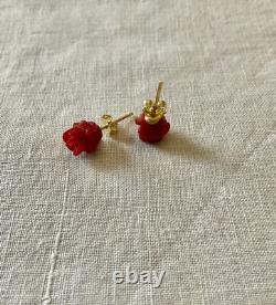 Corail Fleur Sculptée, Vermeil, Argent Massif, Anciennes Boucles D'oreilles