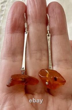 Createur Moderniste Ambre Et Argent Massif, Anciennes Boucles D'oreilles