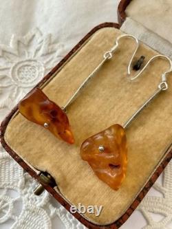 Createur Moderniste Ambre Et Argent Massif, Anciennes Boucles D'oreilles