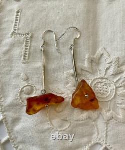 Createur Moderniste Ambre Et Argent Massif, Anciennes Boucles D'oreilles