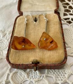 Createur Moderniste Ambre Et Argent Massif, Anciennes Boucles D'oreilles