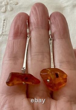 Createur Moderniste Ambre Et Argent Massif, Anciennes Boucles D'oreilles