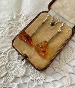 Createur Moderniste Ambre Et Argent Massif, Anciennes Boucles D'oreilles