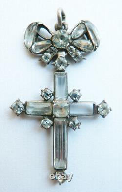 Croix pendentif en argent massif + strass Bijou ancien 19e siècle silver cross