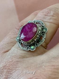 Énorme Naturel Rubis Opale Argent Massif, Splendide Ancienne Bague