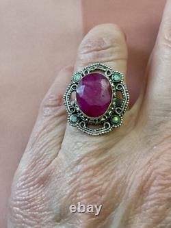 Énorme Naturel Rubis Opale Argent Massif, Splendide Ancienne Bague