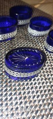 Ensemble de 5 salières anciennes en cristal bleu cobalt et argent massif 800