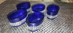 Ensemble de 5 salières anciennes en cristal bleu cobalt et argent massif 800