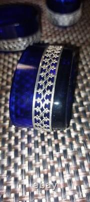 Ensemble de 5 salières anciennes en cristal bleu cobalt et argent massif 800