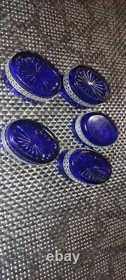Ensemble de 5 salières anciennes en cristal bleu cobalt et argent massif 800