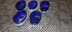Ensemble de 5 salières anciennes en cristal bleu cobalt et argent massif 800