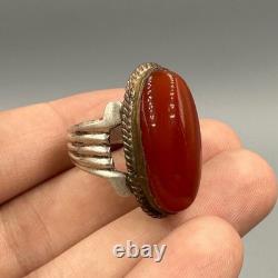 Grande belle bague ancienne romaine en argent massif et pierre d'agate