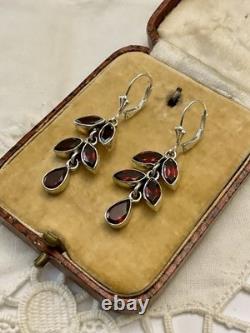 Grenat Rouge Argent Massif, Anciennes Boucles D'oreilles