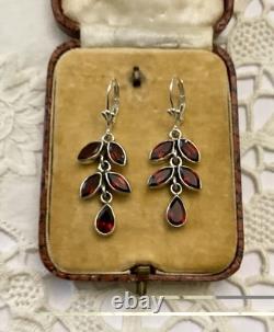 Grenat Rouge Argent Massif, Anciennes Boucles D'oreilles