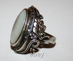 Grosse BAGUE ART DECO ANCIENNE ARGENT massif marcassite nacre T54