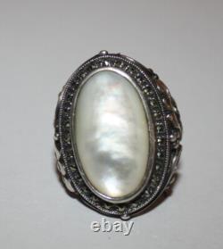 Grosse BAGUE ART DECO ANCIENNE ARGENT massif marcassite nacre T54