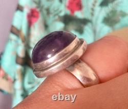 Grosse Bague Ancienne Argent Massif 53/54 Améthyste-Jonc Chevalière-925-Art Déco