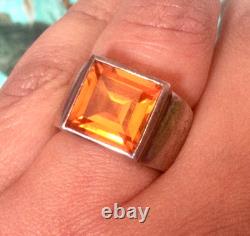 Grosse Bague Ancienne Argent Massif-Topaze Impériale-T52 Chevalière-Art Déco-925