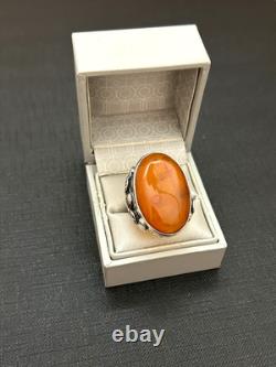 Grosse ancienne bague argent massif ambre Baltic