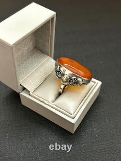 Grosse ancienne bague argent massif ambre Baltic