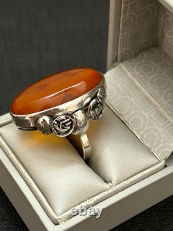 Grosse ancienne bague argent massif ambre Baltic
