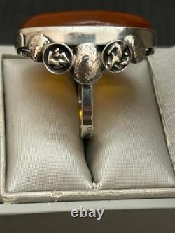 Grosse ancienne bague argent massif ambre Baltic