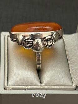 Grosse ancienne bague argent massif ambre Baltic