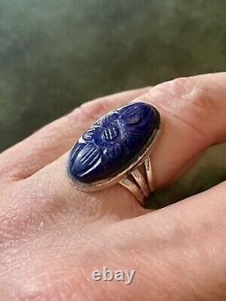 Lapis Lazuli Camee Ciselé, Argent Massif, Ancienne Marquise Bague