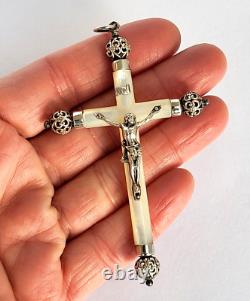 MAGNIFIQUE ancienne GRANDE CROIX PECTORALE PENDENTIF en NACRE et ARGENT MASSIF