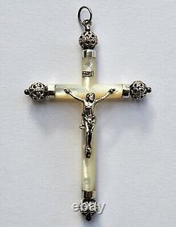 MAGNIFIQUE ancienne GRANDE CROIX PECTORALE PENDENTIF en NACRE et ARGENT MASSIF