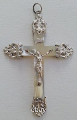 MAGNIFIQUE ancienne GRANDE CROIX PECTORALE PENDENTIF en NACRE et ARGENT MASSIF