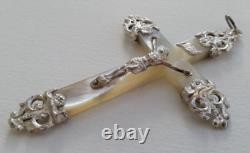 MAGNIFIQUE ancienne GRANDE CROIX PECTORALE PENDENTIF en NACRE et ARGENT MASSIF