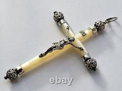 MAGNIFIQUE ancienne GRANDE CROIX PECTORALE PENDENTIF en NACRE et ARGENT MASSIF