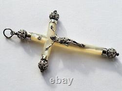 MAGNIFIQUE ancienne GRANDE CROIX PECTORALE PENDENTIF en NACRE et ARGENT MASSIF