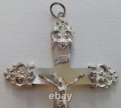 MAGNIFIQUE ancienne GRANDE CROIX PECTORALE PENDENTIF en NACRE et ARGENT MASSIF