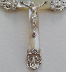 MAGNIFIQUE ancienne GRANDE CROIX PECTORALE PENDENTIF en NACRE et ARGENT MASSIF