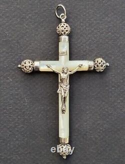 MAGNIFIQUE ancienne GRANDE CROIX PECTORALE PENDENTIF en NACRE et ARGENT MASSIF