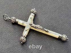 MAGNIFIQUE ancienne GRANDE CROIX PECTORALE PENDENTIF en NACRE et ARGENT MASSIF