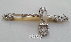 MAGNIFIQUE ancienne GRANDE CROIX PECTORALE PENDENTIF en NACRE et ARGENT MASSIF