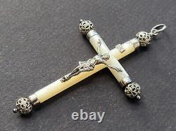 MAGNIFIQUE ancienne GRANDE CROIX PECTORALE PENDENTIF en NACRE et ARGENT MASSIF