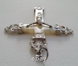 MAGNIFIQUE ancienne GRANDE CROIX PECTORALE PENDENTIF en NACRE et ARGENT MASSIF