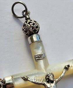 MAGNIFIQUE ancienne GRANDE CROIX PECTORALE PENDENTIF en NACRE et ARGENT MASSIF