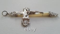 MAGNIFIQUE ancienne GRANDE CROIX PECTORALE PENDENTIF en NACRE et ARGENT MASSIF