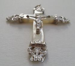 MAGNIFIQUE ancienne GRANDE CROIX PECTORALE PENDENTIF en NACRE et ARGENT MASSIF