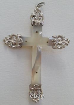 MAGNIFIQUE ancienne GRANDE CROIX PECTORALE PENDENTIF en NACRE et ARGENT MASSIF