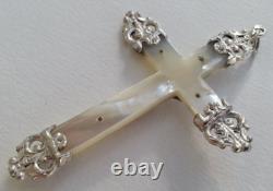 MAGNIFIQUE ancienne GRANDE CROIX PECTORALE PENDENTIF en NACRE et ARGENT MASSIF
