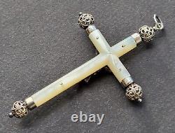 MAGNIFIQUE ancienne GRANDE CROIX PECTORALE PENDENTIF en NACRE et ARGENT MASSIF