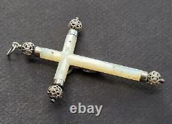MAGNIFIQUE ancienne GRANDE CROIX PECTORALE PENDENTIF en NACRE et ARGENT MASSIF